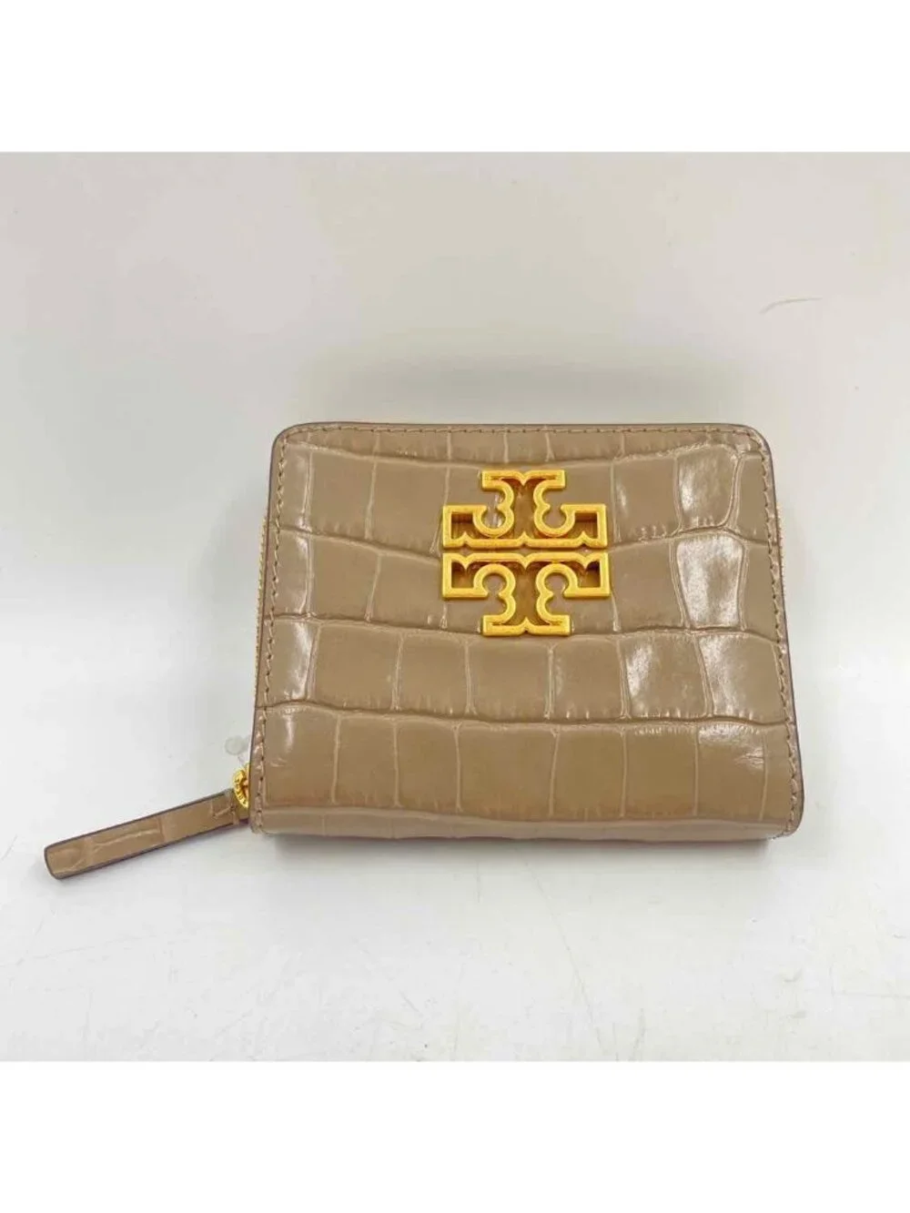 Tory Burch Britton Croc Women's Gold Logo Taupe Luxe Embossed Wallet Small